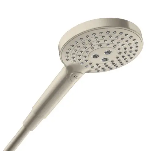 Handbrause von AXOR mit runder Kopfplatte, ausgestattet mit mehreren Düsen. Der Griff ist schlank und aus gebürstetem Nickel gefertigt.